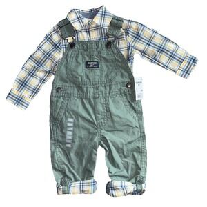 OSHKOSH B'GOSH Vestbak pant overalls Matching Plaid Shirt Boys 12 Months 2 Piece